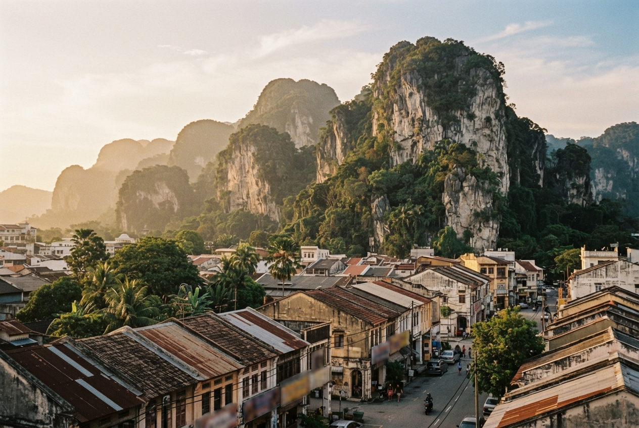 Tropical town with weathered rooftops beneath towering, forest-covered limestone karst mountains.