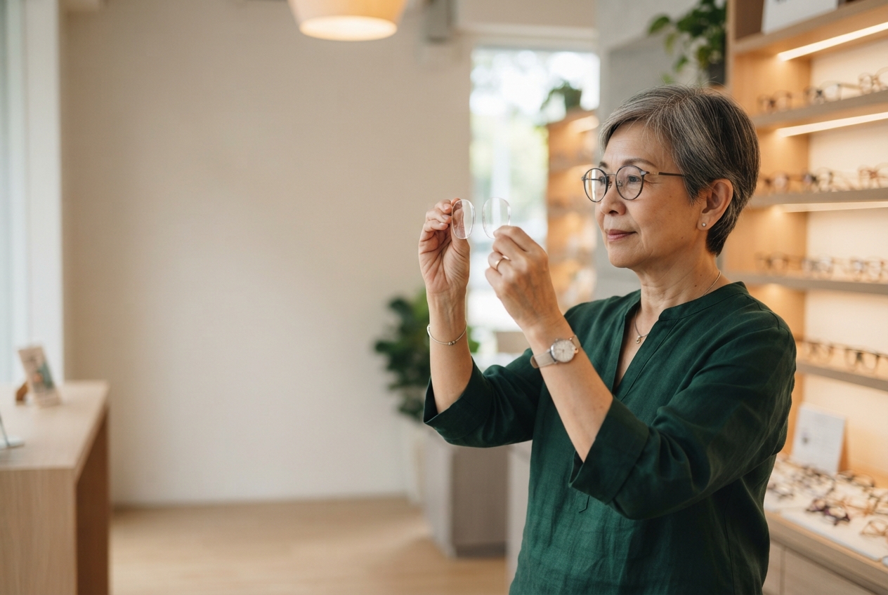 Woman inspects clear eyeglass lenses in a warmly lit optical shop.