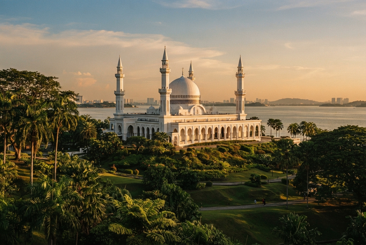 White domed mosque with four minarets beside calm water, surrounded by tropical gardens at sunset.