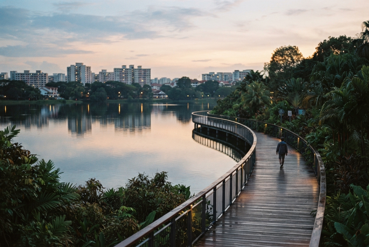 Curving wooden lakeside boardwalk with a lone walker, tropical vegetation, calm water, and apartment buildings at dusk.
