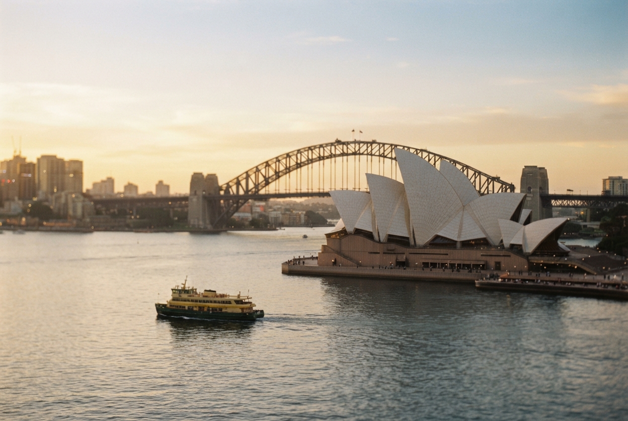 Sydney Opera House and a yellow ferry on Sydney Harbour with the Harbour Bridge behind them at sunset.