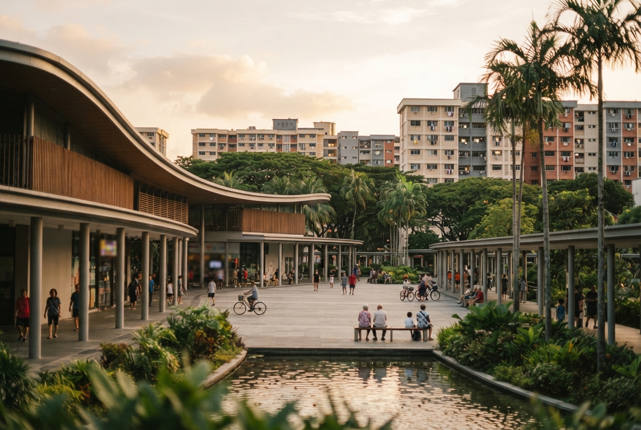 Tropical urban plaza with curved-roof buildings, cyclists, apartment blocks, palms, and a reflecting pond.