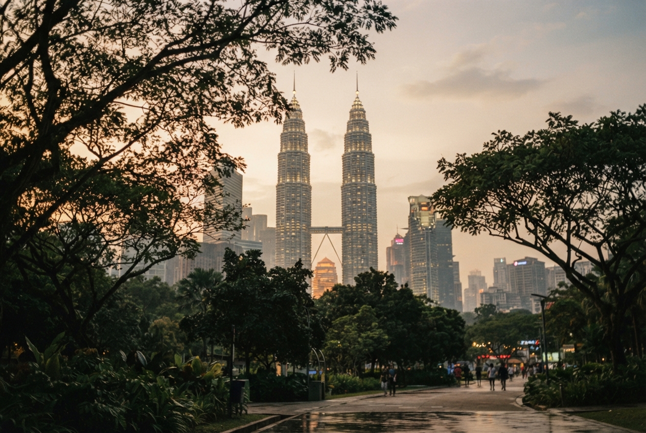 Wet park path framed by trees, leading toward Kuala Lumpur’s illuminated Petronas Twin Towers at dusk.