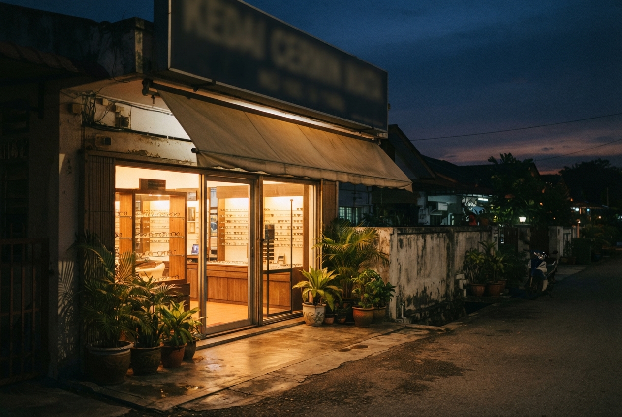 Warmly lit eyeglasses shop with potted plants on a wet street at dusk.
