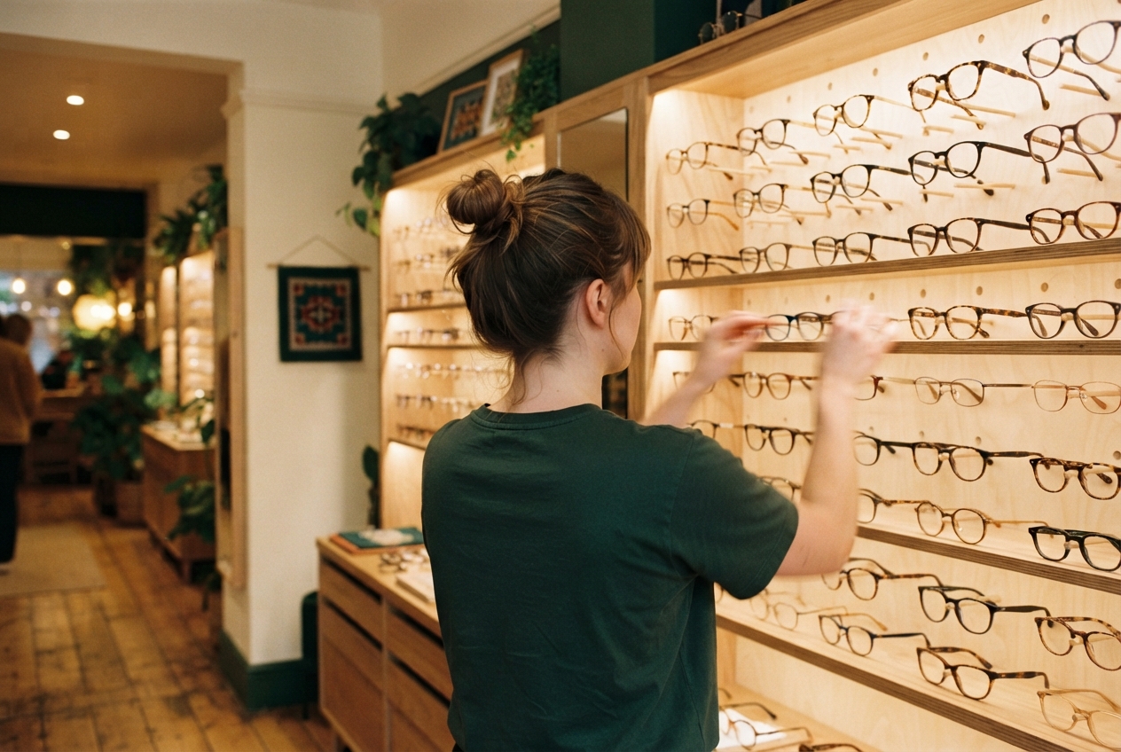 Person examines eyeglass frames on a warmly lit wooden display wall in an optical shop.