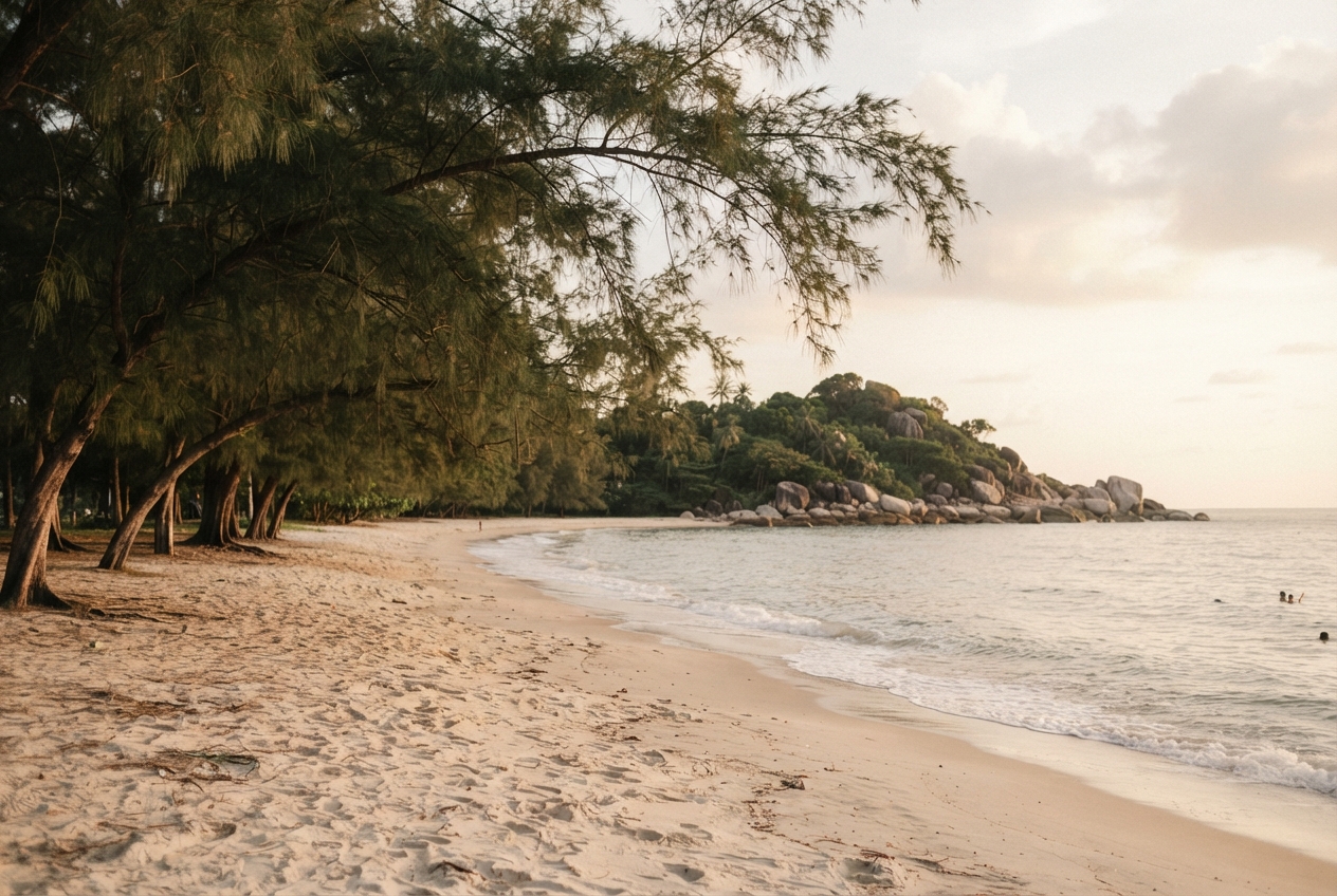 Sandy beach shaded by trees, with calm water, swimmers, and a rocky, forested headland.