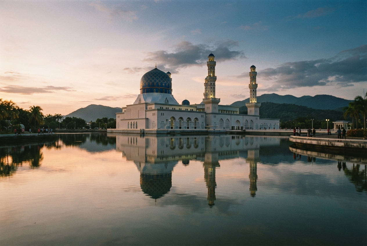 White mosque with blue dome and two minarets reflected in a lake at sunset, with mountains behind it.
