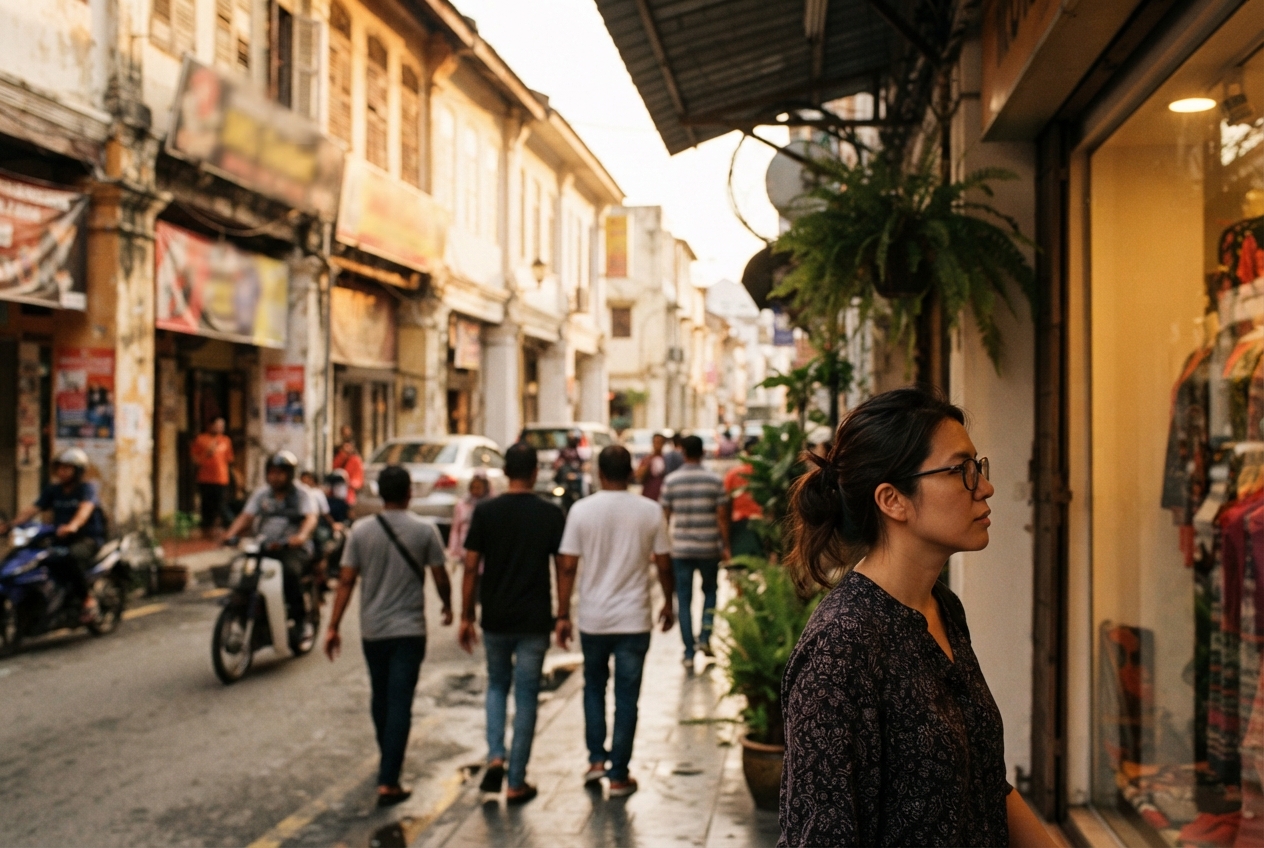Woman viewing a clothing shop window on a busy, weathered urban street with pedestrians and scooters.