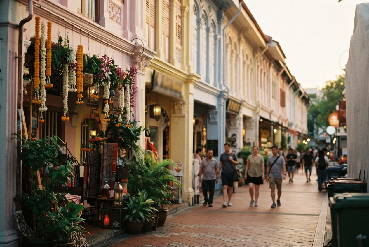 Colorful historic shophouses and a flower-decorated storefront line a pedestrian street with people walking.