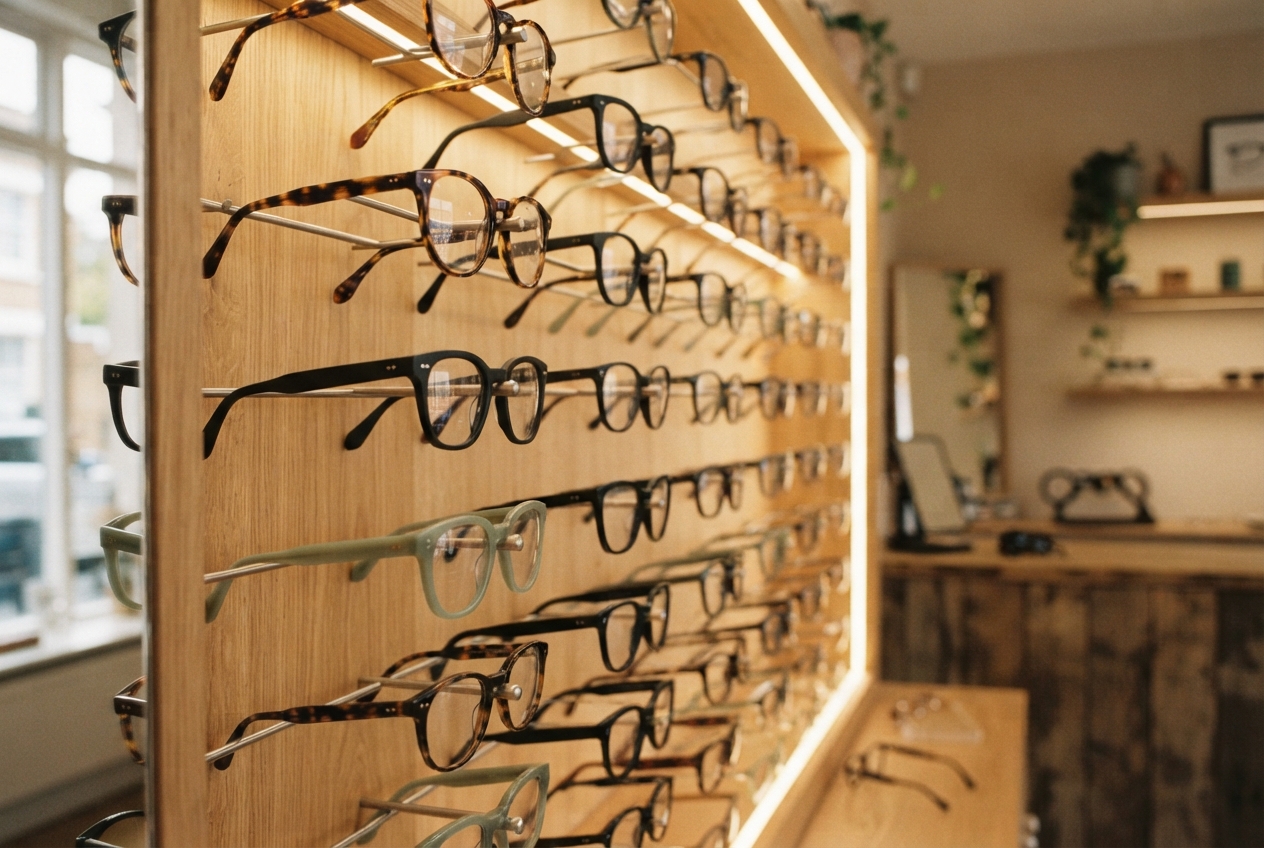 Eyeglass frames arranged on illuminated wooden display racks inside a warm, modern eyewear shop.