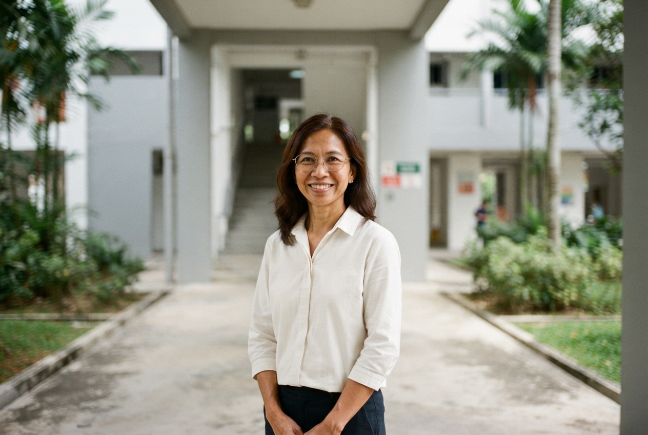 Smiling woman in glasses and a white blouse standing in a landscaped modern building courtyard.