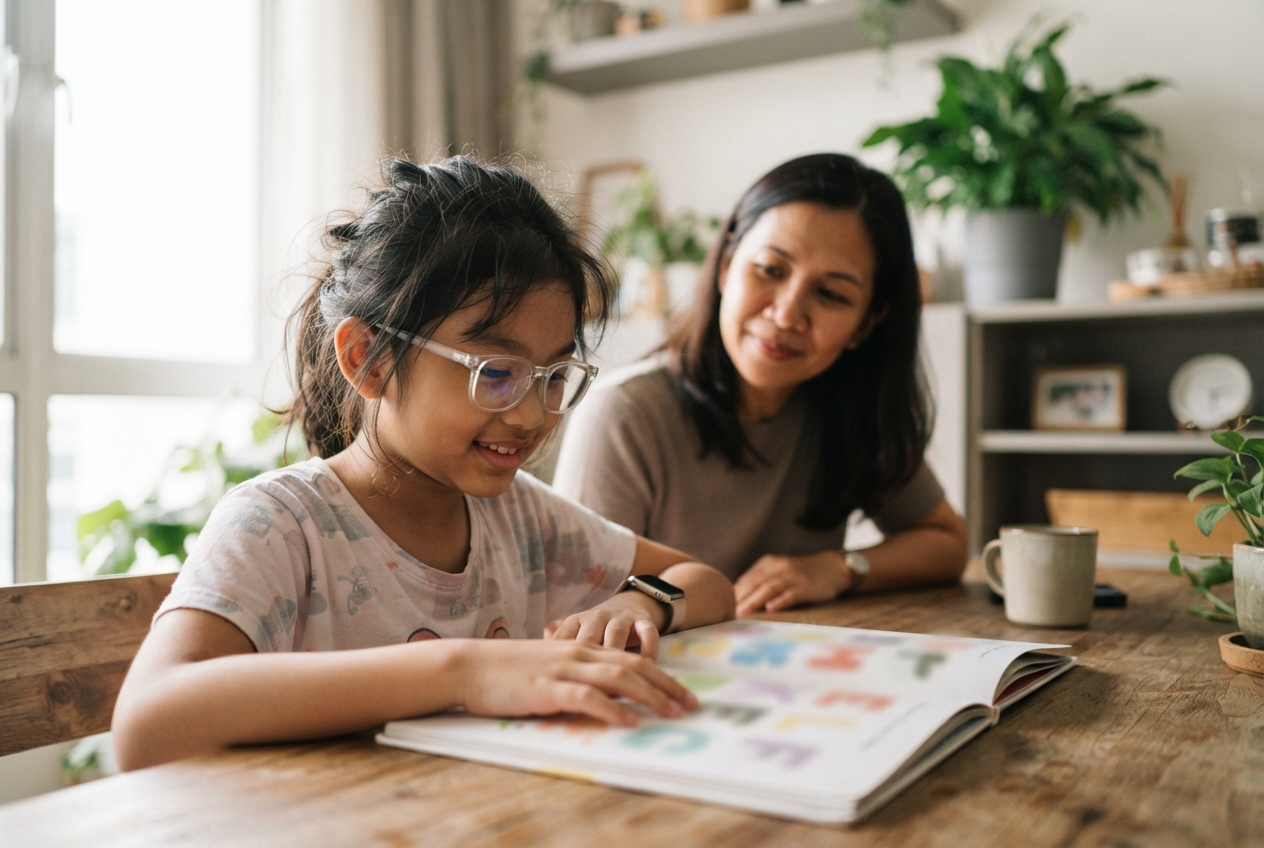 Girl in glasses reads a colorful open book at a table while an adult woman watches.