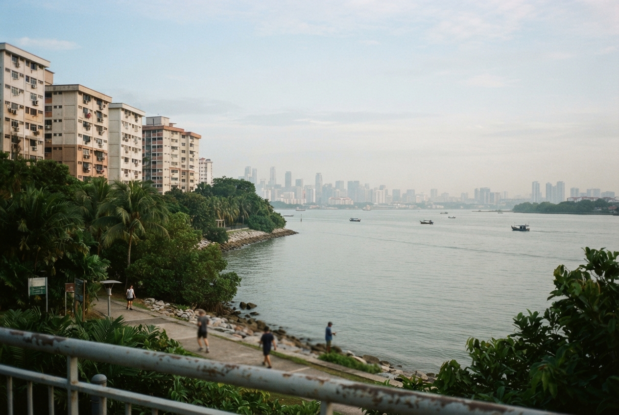 Tropical waterfront promenade with apartment blocks, small boats, and a hazy high-rise skyline across the water.