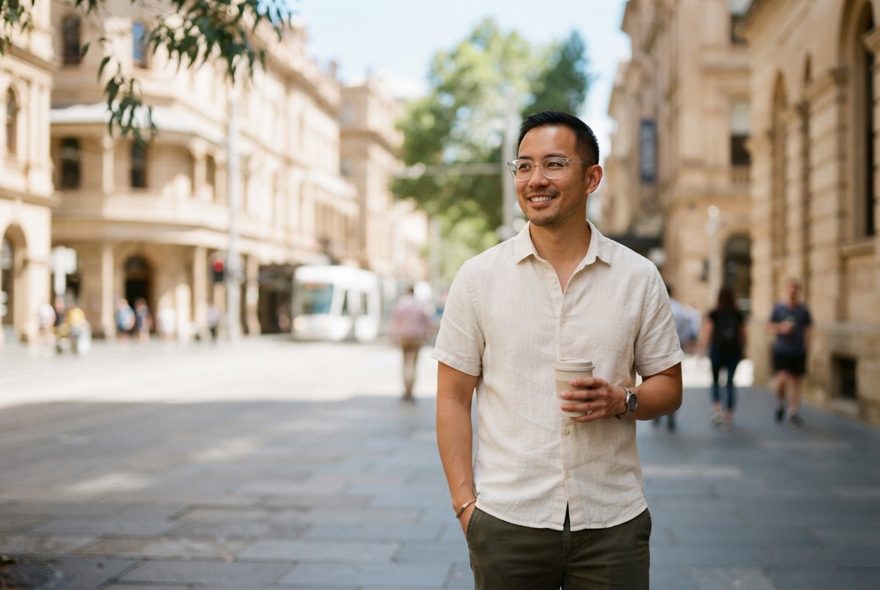 Smiling man with glasses walks through a sunlit historic city street holding a takeaway coffee.