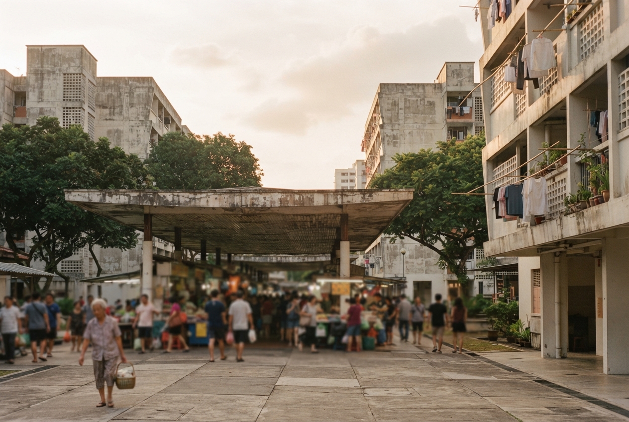 Busy open-air market beneath a concrete canopy between aging apartment buildings with laundry and trees.