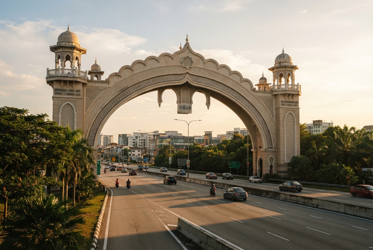 Ornate domed gateway spanning a multilane highway with traffic, palm trees, and city buildings.