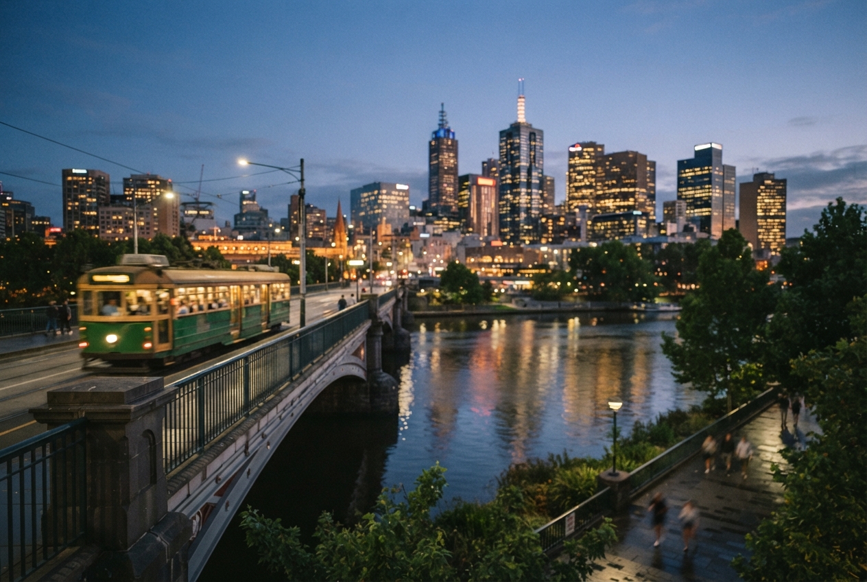 Green tram crossing a bridge beside a reflective river and illuminated downtown skyline at dusk.